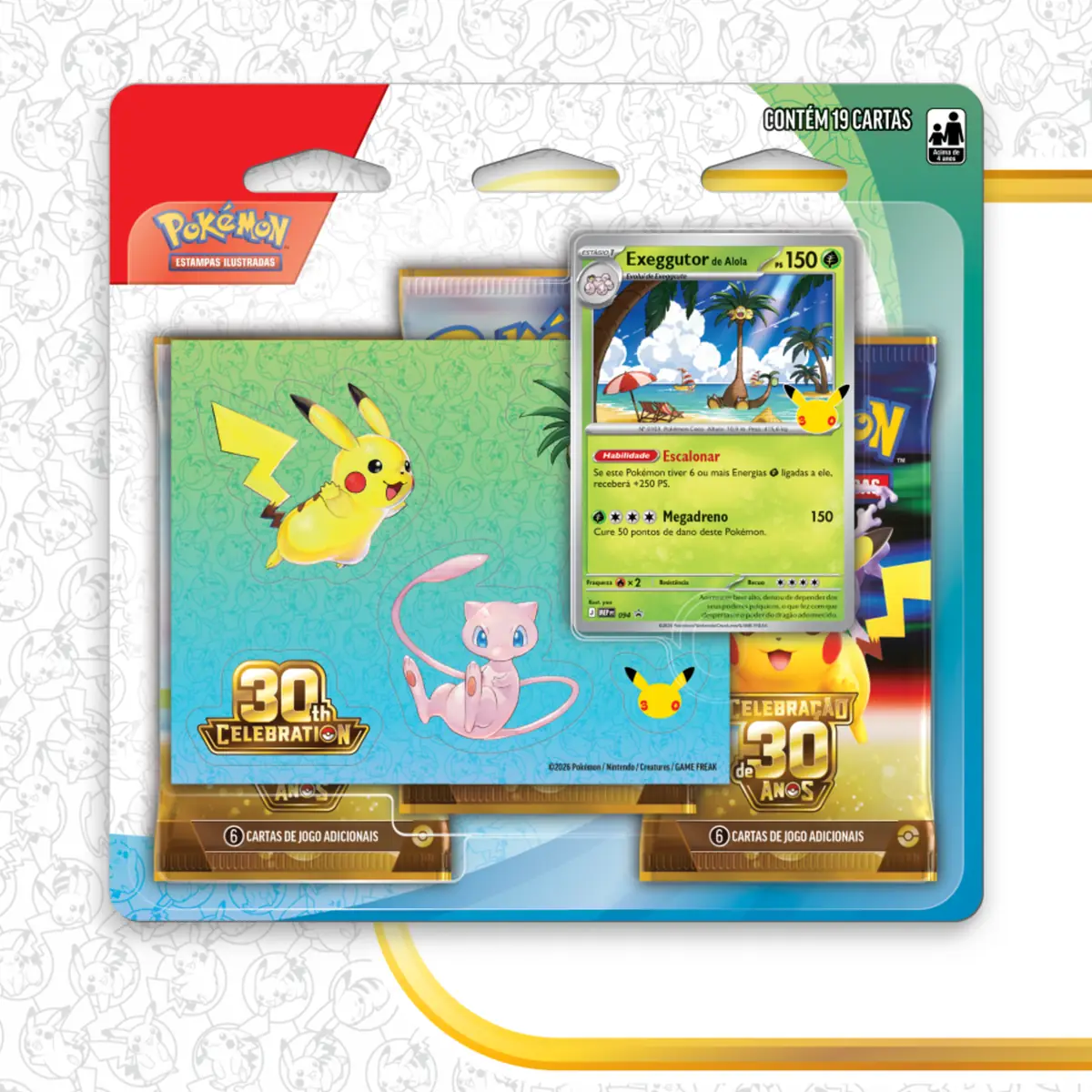 Blister lacrado da coleção com adesivo de Mew e carta promocional de Exeggutor de Alola, da Celebração de 30 Anos de Pokémon Estampas Ilustradas, em português