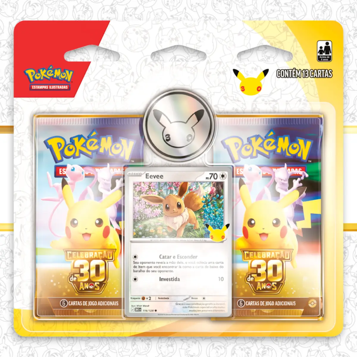 Blister Duplo lacrado com carta promocional de Eevee, da Celebração de 30 Anos de Pokémon Estampas Ilustradas, em português