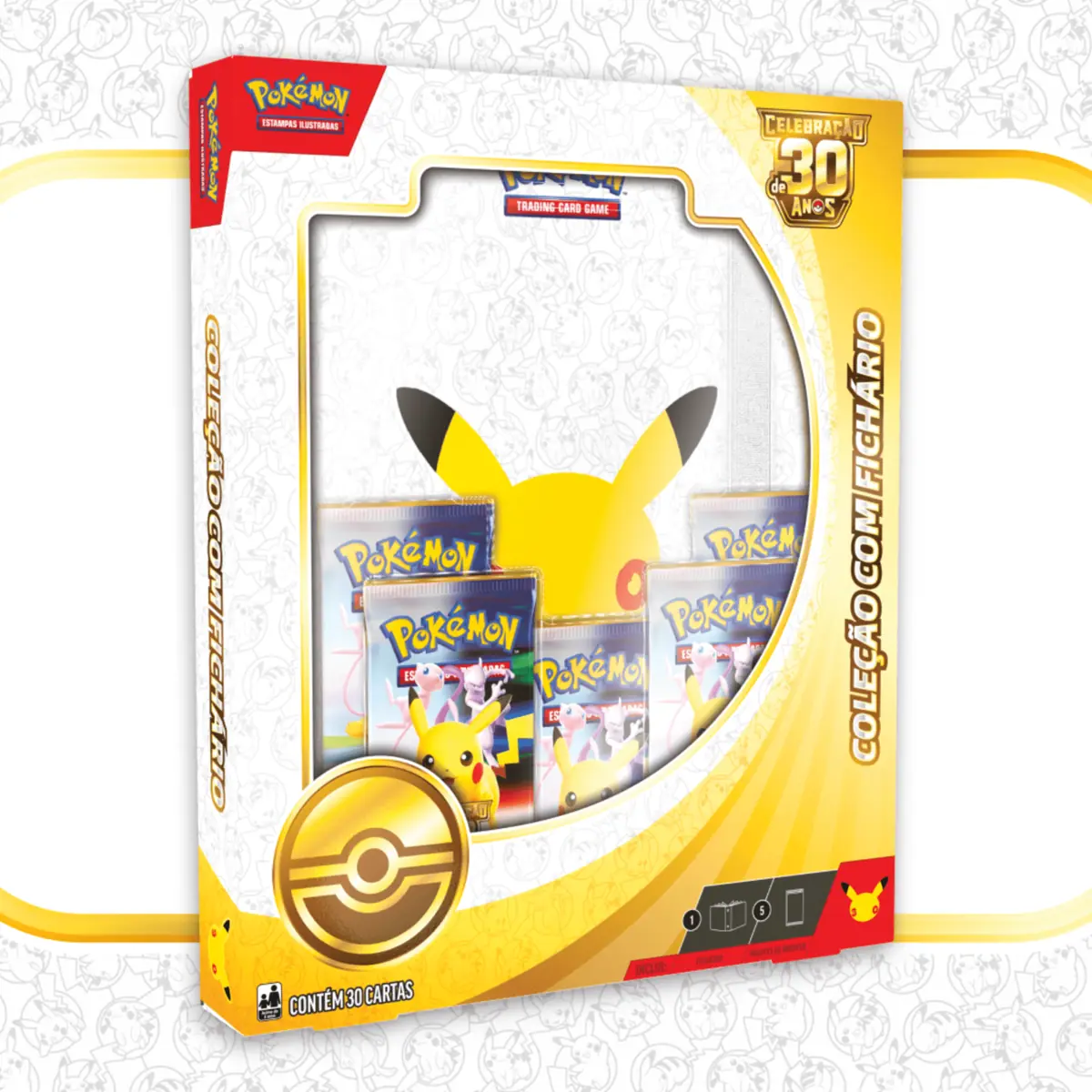Caixa lacrada da Coleção com Fichário, da Celebração de 30 Anos de Pokémon Estampas Ilustradas, em português