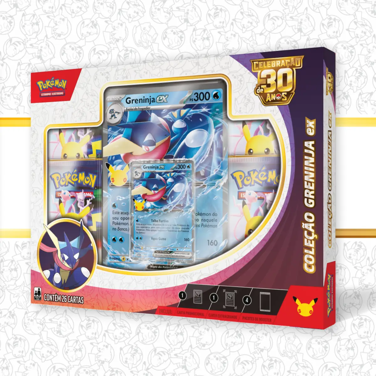 Caixa lacrada da Coleção Greninja ex, da Celebração de 30 Anos de Pokémon Estampas Ilustradas, em português