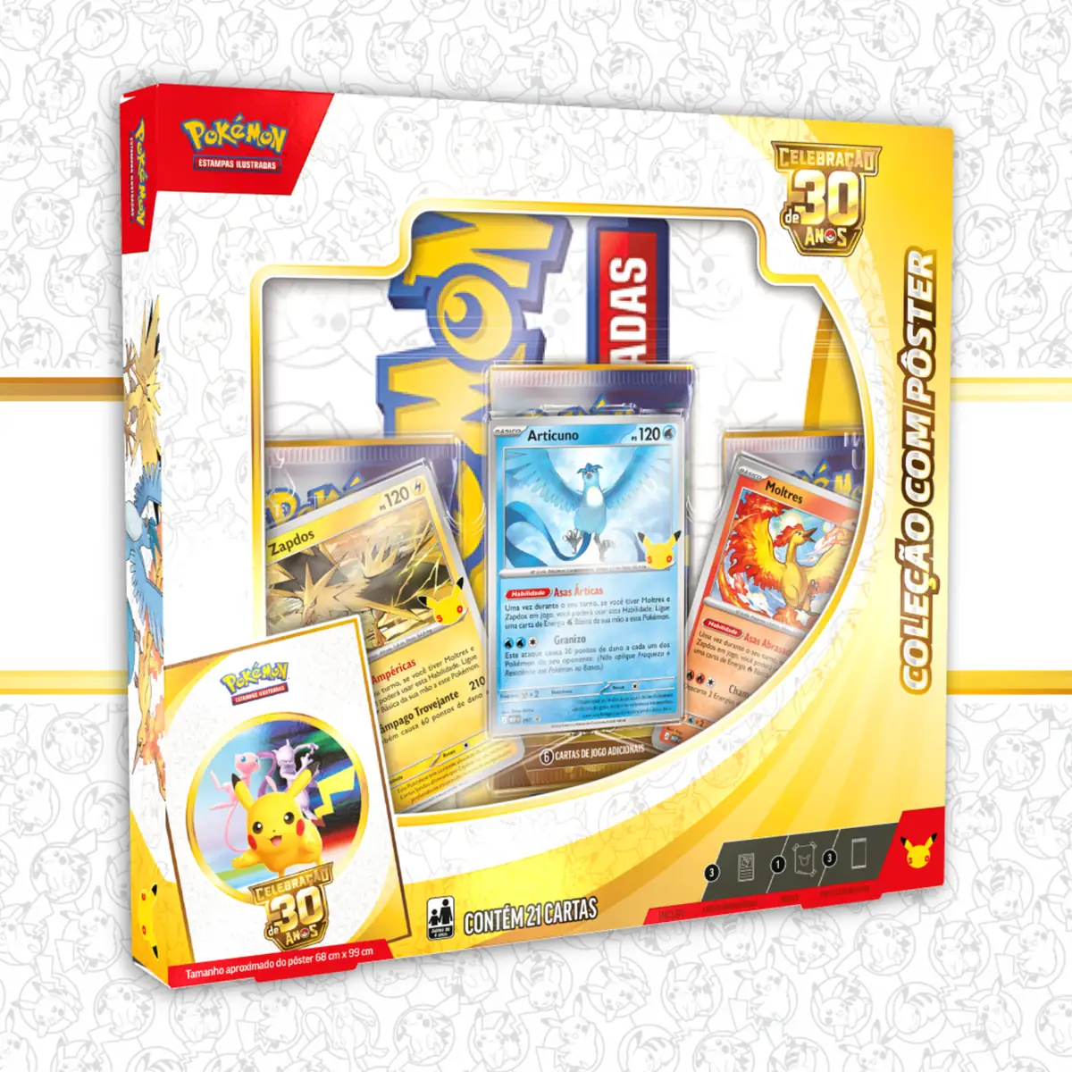 Caixa lacrada da Coleção com Pôster, da Celebração de 30 Anos de Pokémon Estampas Ilustradas, em português
