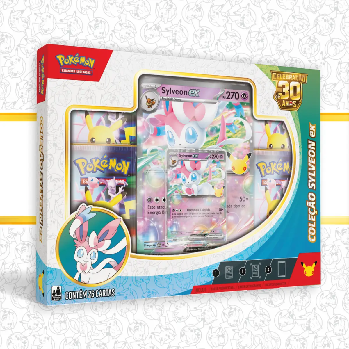 Caixa lacrada da Coleção Sylveon ex, da Celebração de 30 Anos de Pokémon Estampas Ilustradas, em português