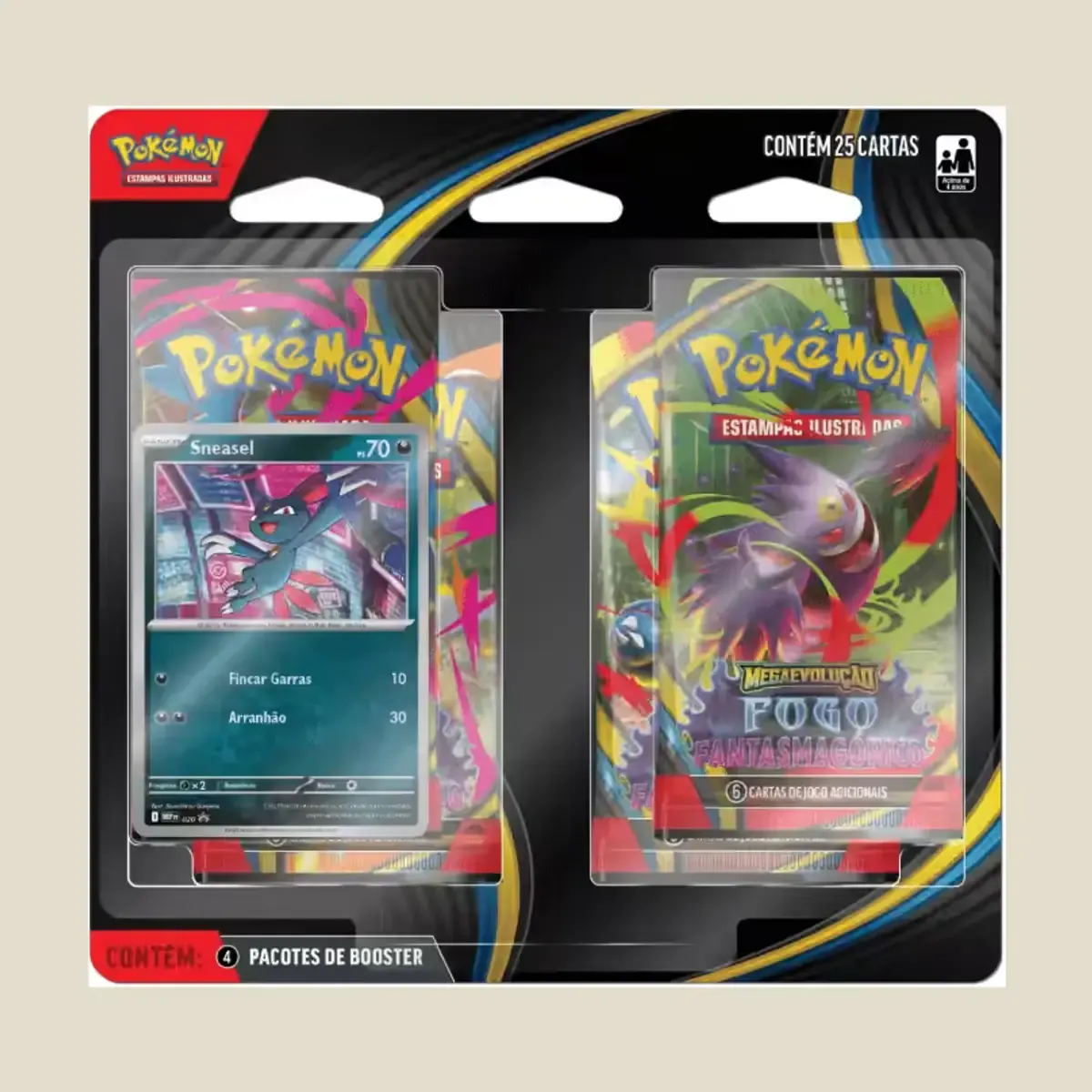 4 pacotes de booster de Pokémon Estampas Ilustradas; 1 carta holográfica promocional especial;