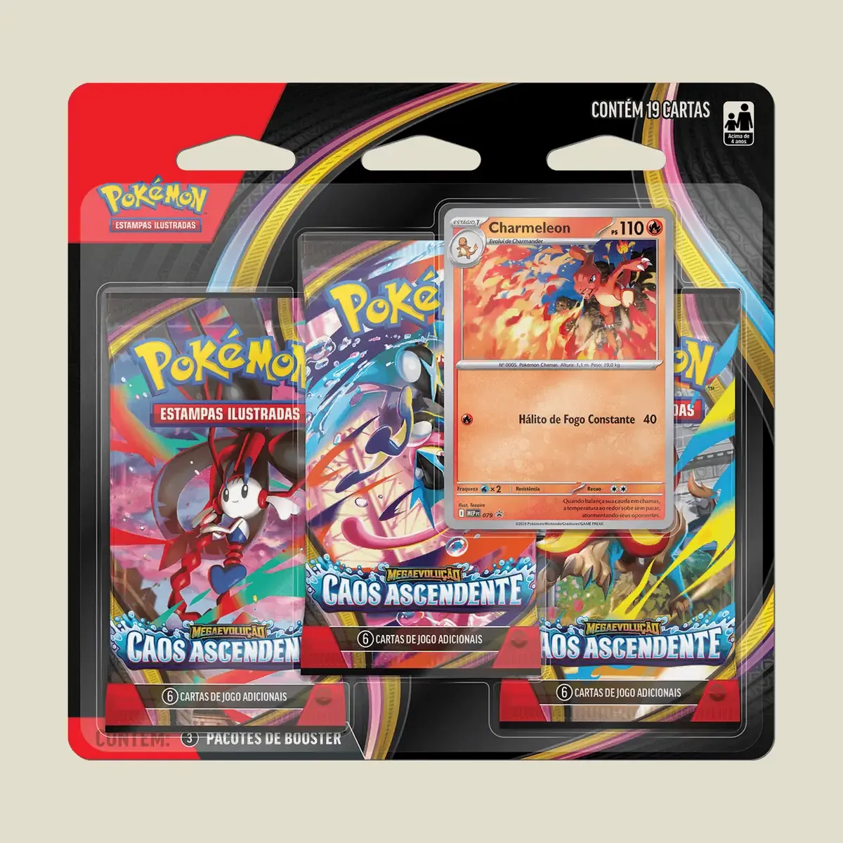 3 pacotes de booster de Pokémon Estampas Ilustradas; 1 carta holográfica promocional especial;