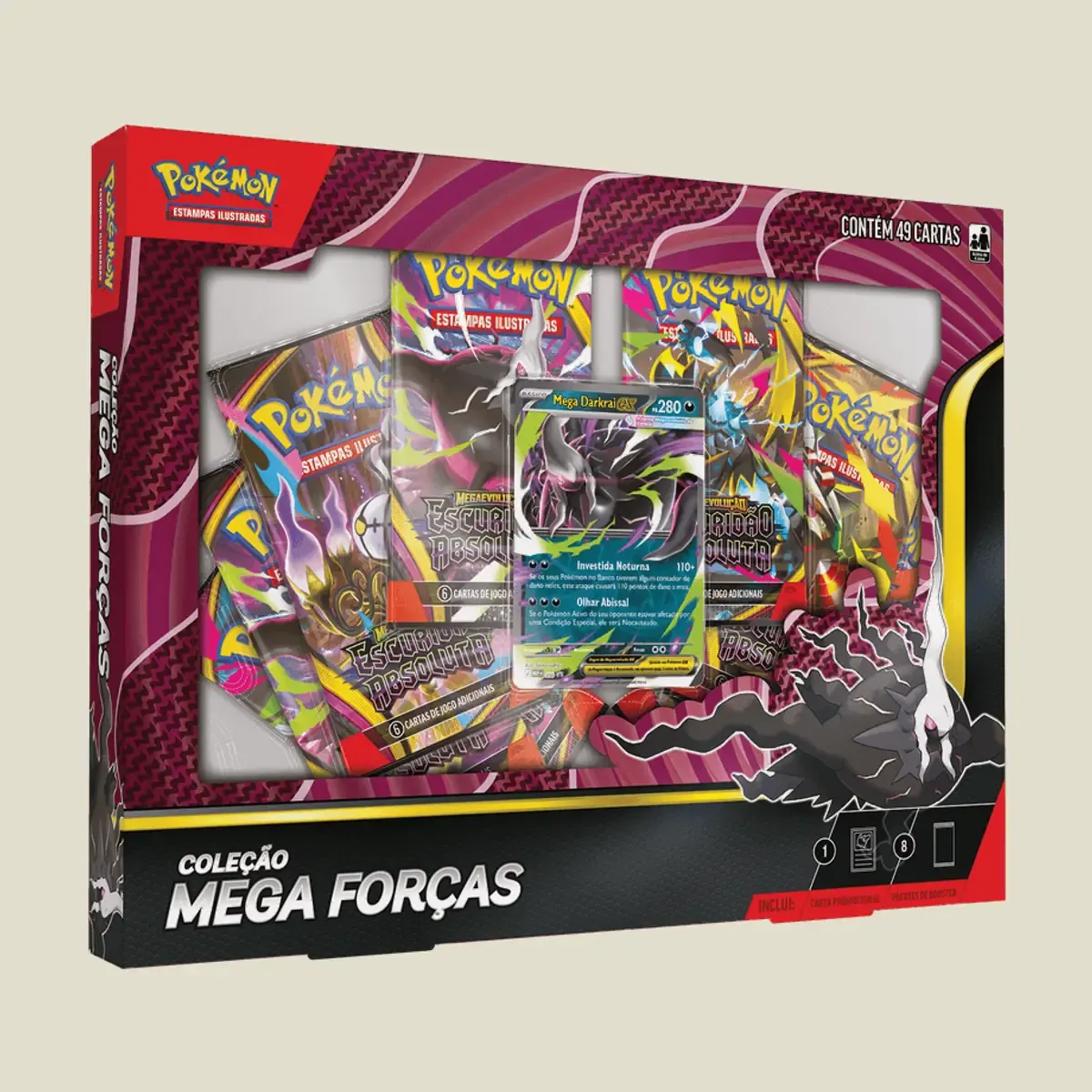 A coleção é dividida em três modelos diferentes, permitindo escolher o seu Pokémon, Mega Dragonite Ex, Mega Darkrai Ex, Mega Zeraora Ex. ( 03 Promos )