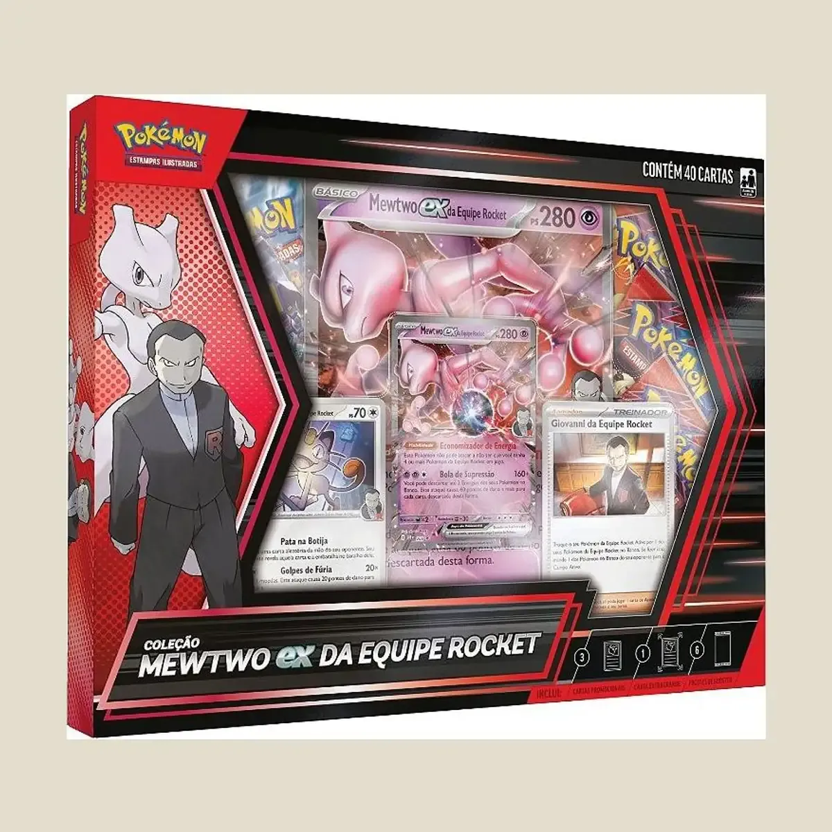 6 pacotes de booster,  2 Cartas Holográficas, 1 Carta Holográfica Extra Grande